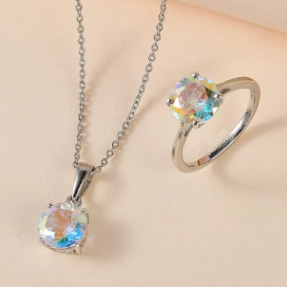 Mercury Mystic Topaz Solitaire Ring and Pendant Necklace